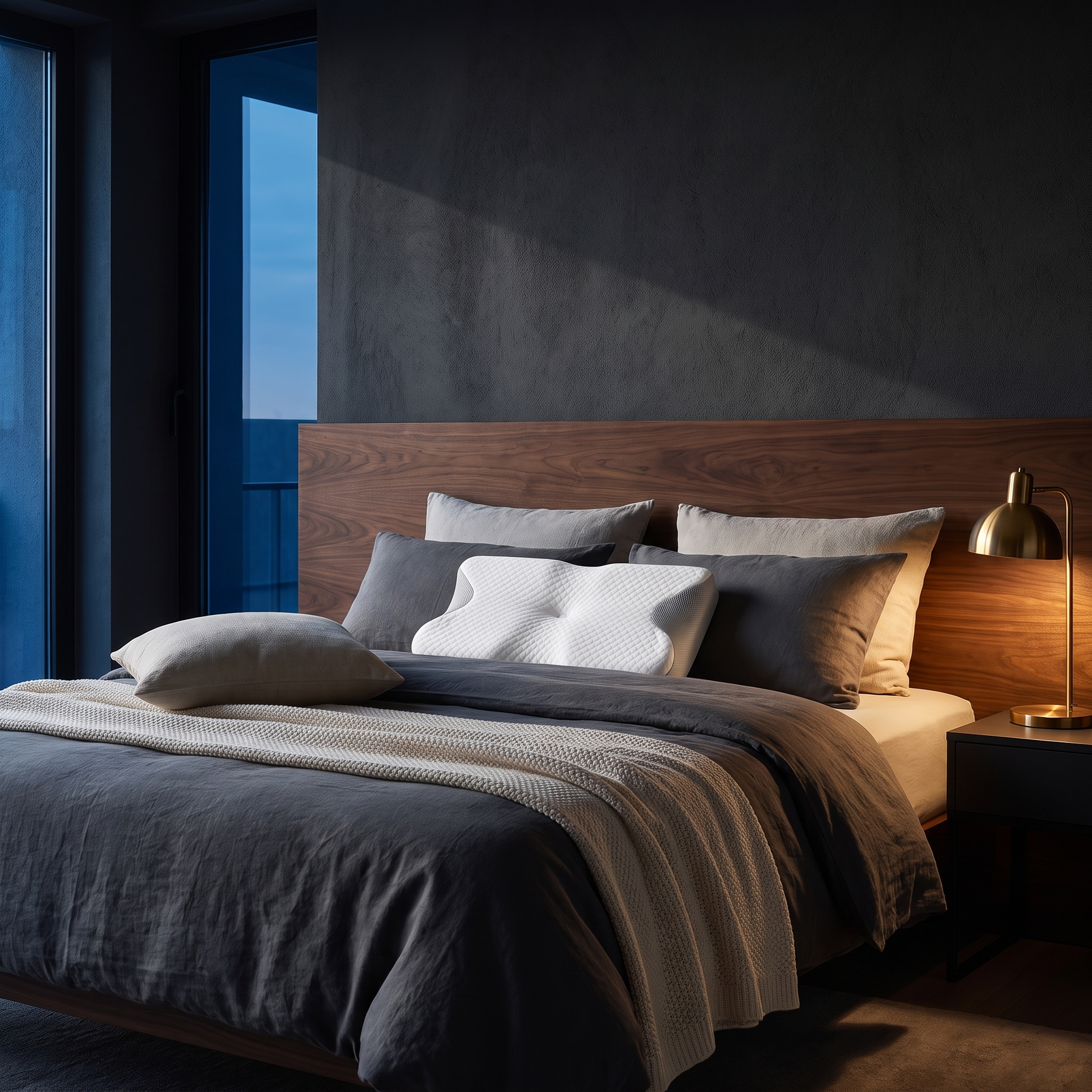 At the head of the bed